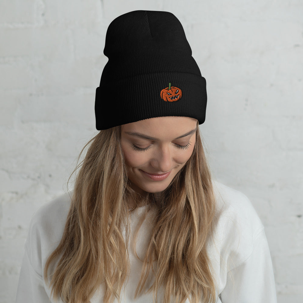 Jack-o-latern Halloween Beanie Cute Pumpkin Embroidered FlexFit Cuffed Winter Hat - Wonderful Warm Gift For The Family