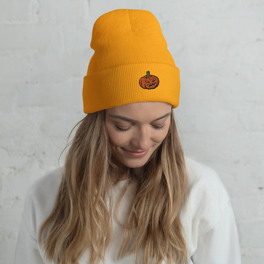 Jack-o-latern Halloween Beanie Cute Pumpkin Embroidered FlexFit Cuffed Winter Hat - Wonderful Warm Gift For The Family