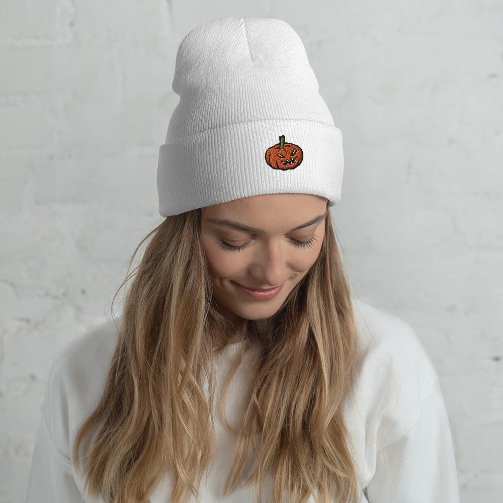 Jack-o-latern Halloween Beanie Cute Pumpkin Embroidered FlexFit Cuffed Winter Hat - Wonderful Warm Gift For The Family