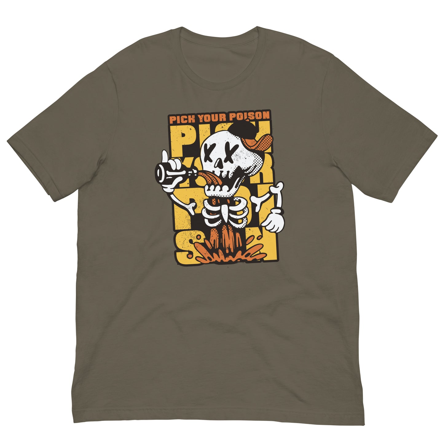 Pick Your Poison Halloween Tshirt Drunk Skeleton Graphic Tee Shirt Bella + Canvas Unisex Short Sleeve T-Shirt